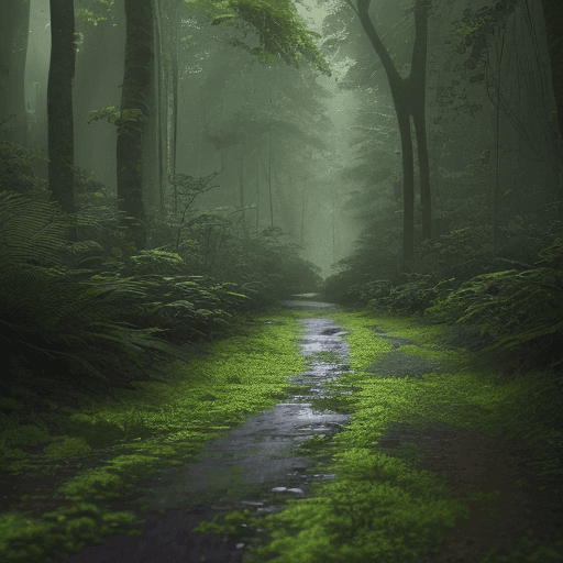 AI generated: A beautiful forest with tall trees and lush foliage, gentle rain falling on the leaves and forest fl...