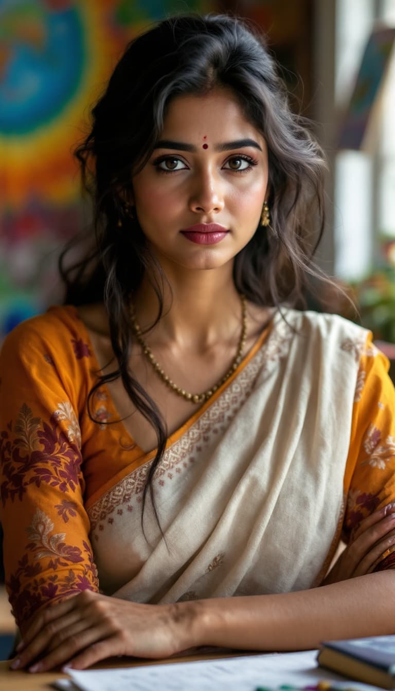 AI generated:  Huge xl breast, beautiful Indian woman with pure innocent gaze, pale face, little sad, expressive s...
