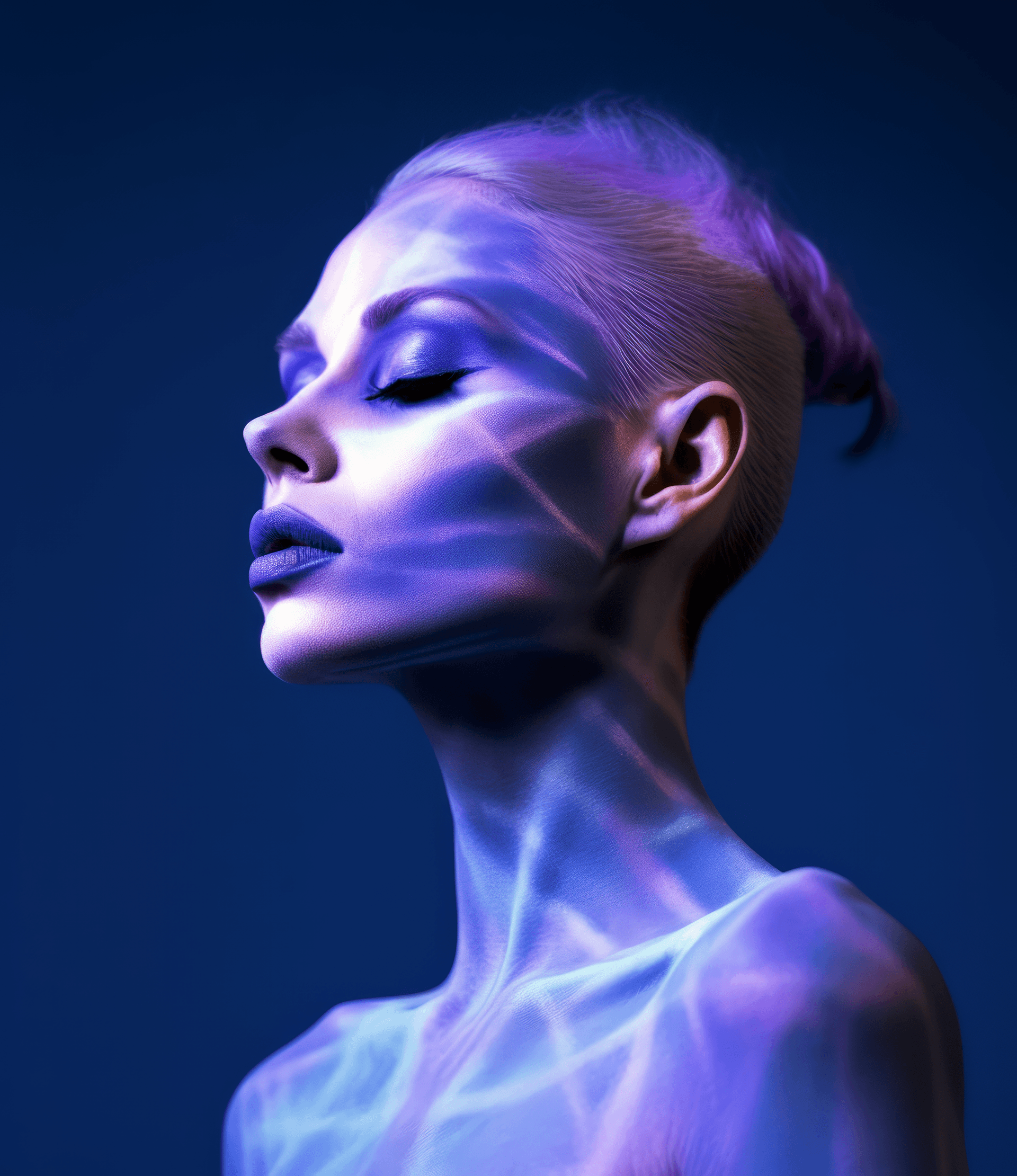 AI generated: an image of a female with black, purple, and white skin, in the style of light sky-blue and light am...
