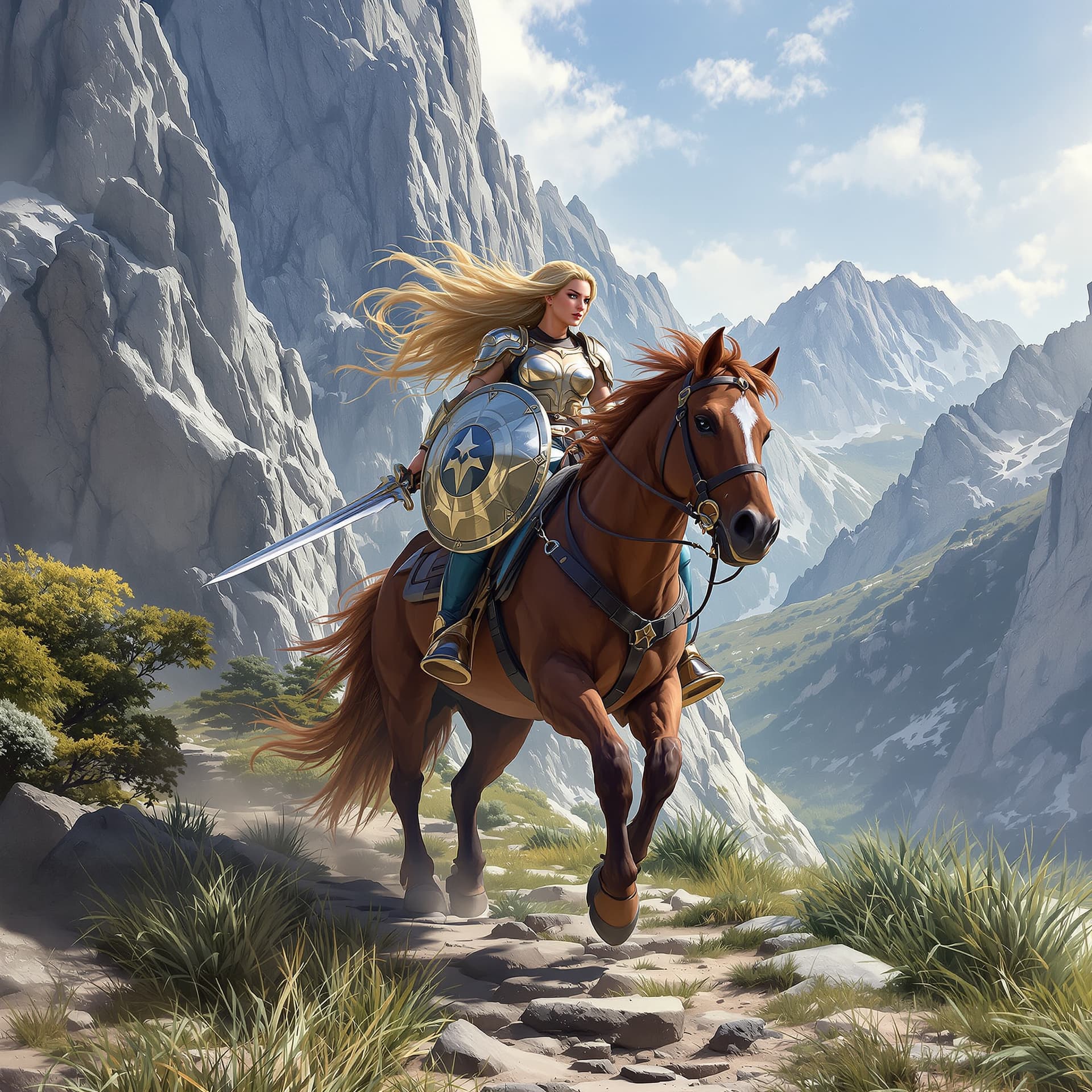 AI generated: Create a super hero woman with long blond hair, perfect face,,realistic details,  with a shield and ...