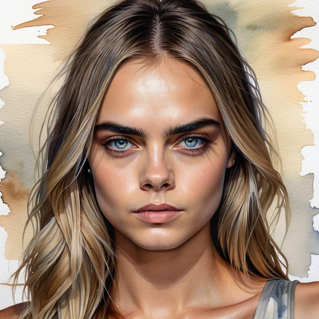 AI generated: epic realistic, full body portrait of Cara Delevingne art watercolor painting, (Masterpiece:1.3), (b...