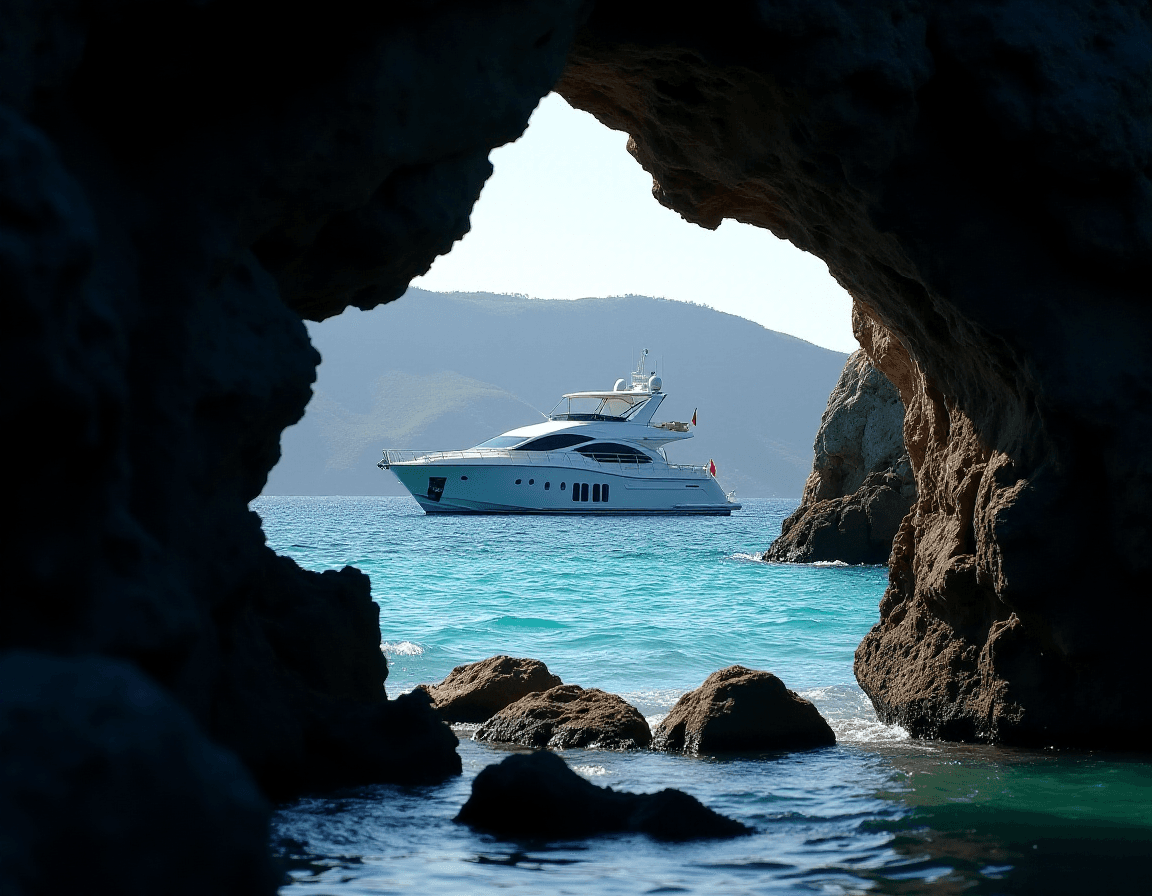 AI generated: A fascinating view through a natural rock formation by the sea, which serves as a frame for the scen...