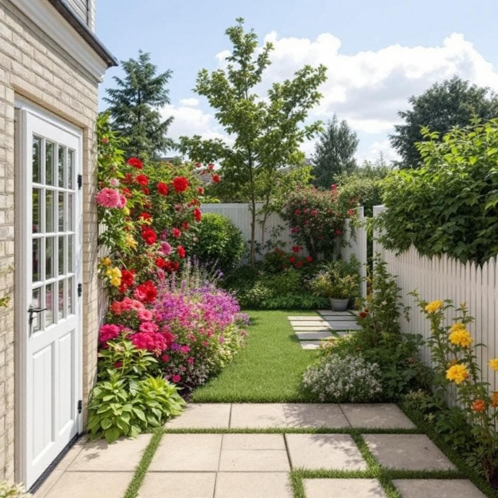 AI generated: develop a landscape design for a back garden for storeyed townhouse with a blend of  eugenia, hibisc...