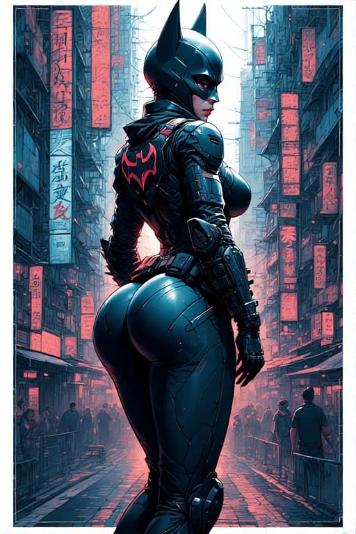 AI generated: Large white border all round. Overlay Japanese type. A poster with of batgirl in tokyo, cyberpunk ar...