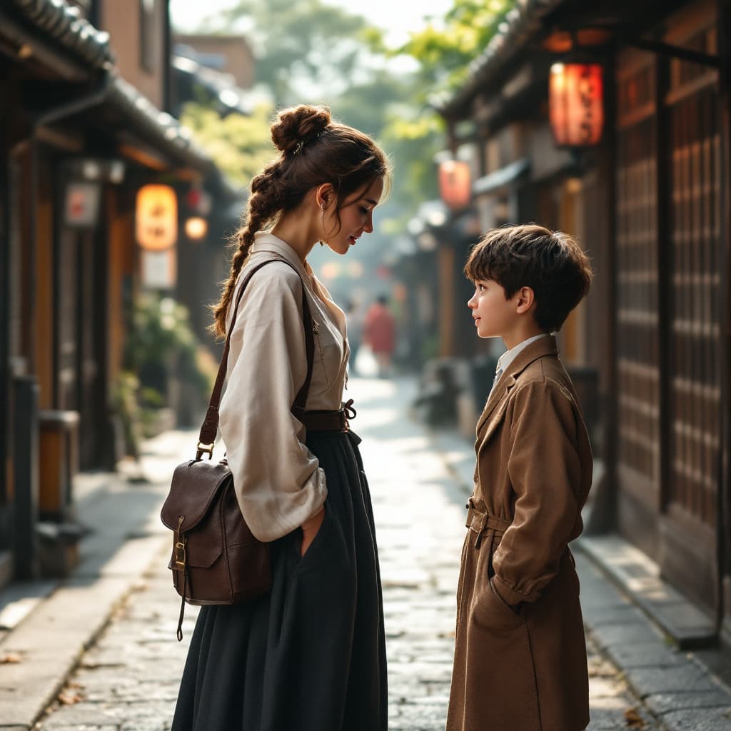 AI generated: a lady in japan based street from the edo period dressed in westernized clothes talking to a boy of ...