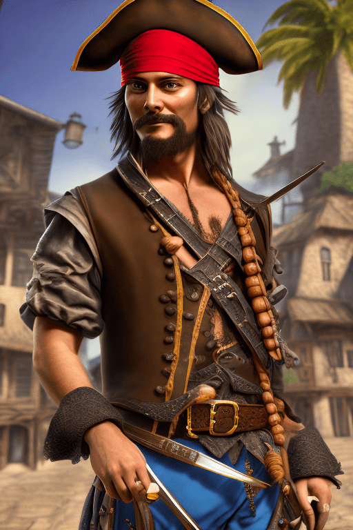 AI generated: Male pirate bard, mediaval town as backgroud, High detail color photo, a professional photo, (realis...