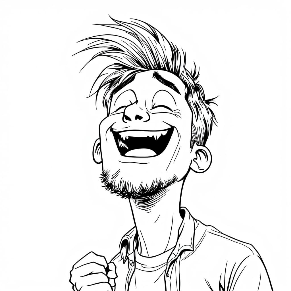 AI generated: Full Frame Black and White Fine Line Drawing Cartoon Character Young Man Laughing Uncontrollably Pix...
