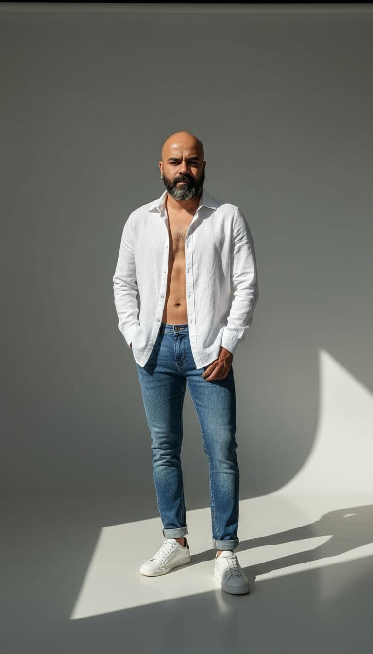 AI generated: a stylish young man with a lean, toned physique (around 57 kg, 5'6 tall) — his beard remains unchang...