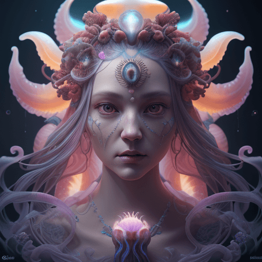 AI generated: Goddess close-up portrait ribcagel. jellyfish phoenix head, nautilus, orchid, skull, betta fish, bio...
