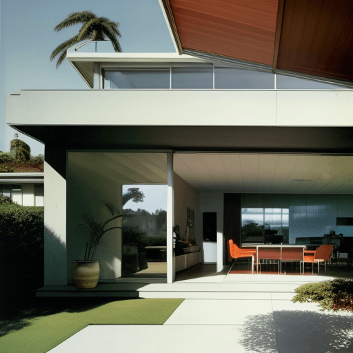 AI generated: Hyper realistic eye level exterior photo of a mid century modern style house overlooking the ocean, ...