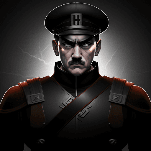 AI generated: Adolf Hitler, dragon ball anime, X-shaped scar on his chest, Burry ears Hat, symmetrical body, portr...