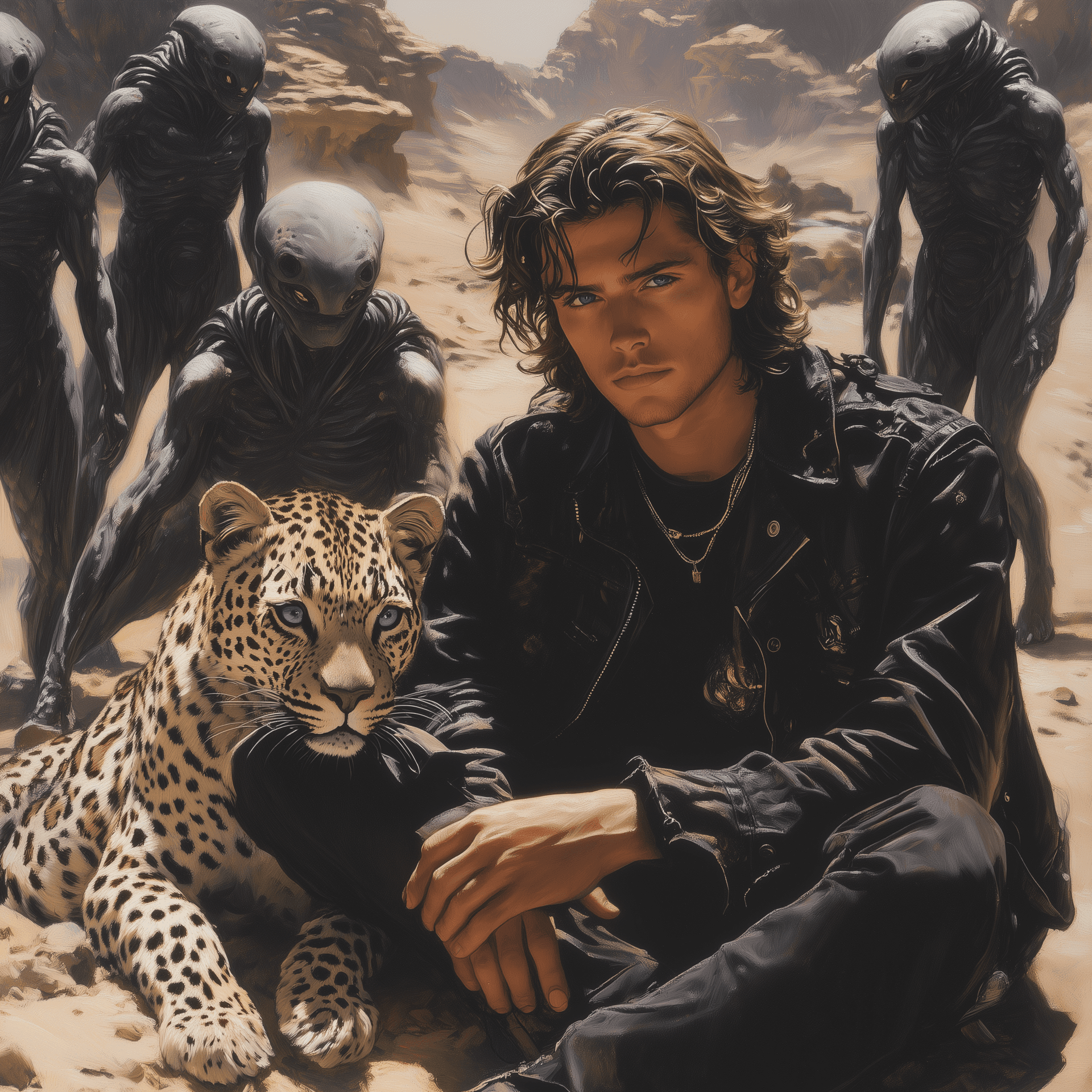AI generated: A young man with long brown hair, blue eyes, and a black jacket sits on the ground next to his pet l...
