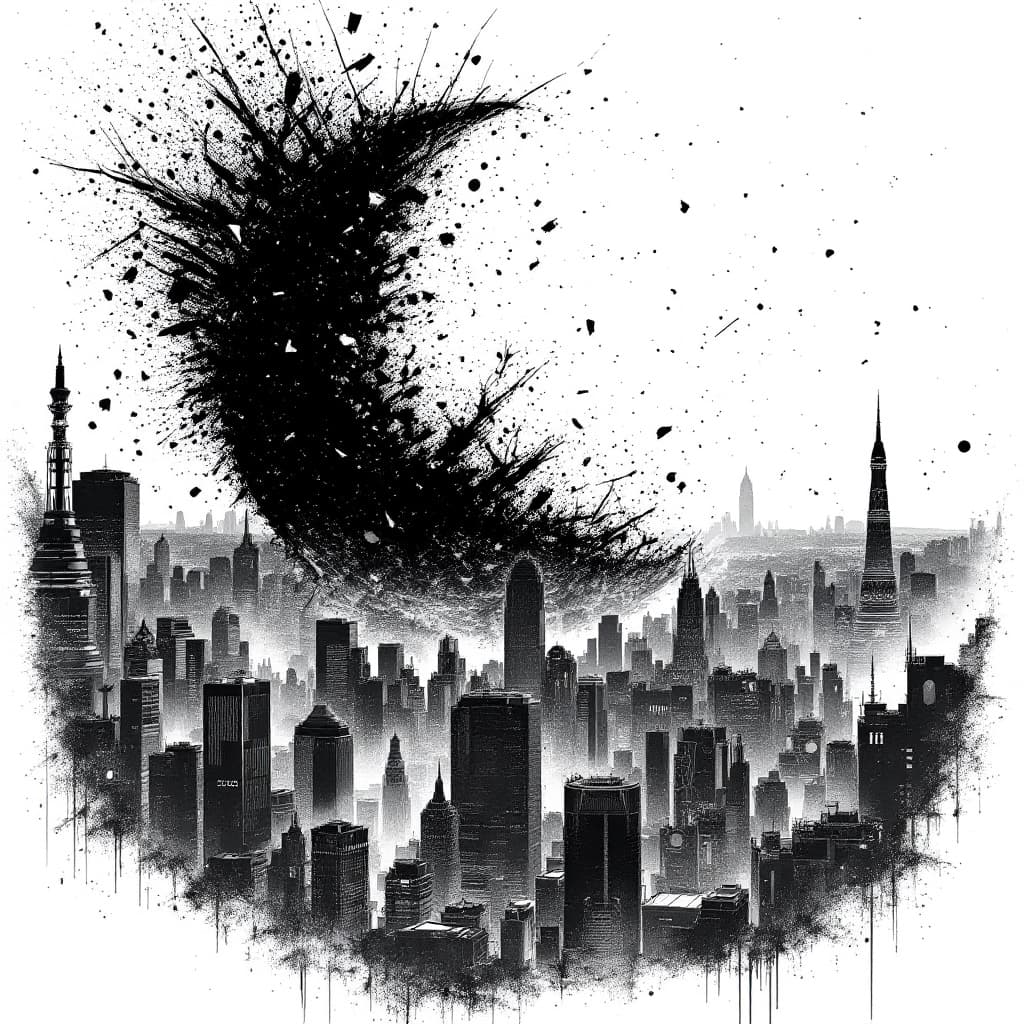 AI generated: sci-fi neo tokyo, in the style of akira, city skyline with part of the moon shattered and pieces of ...