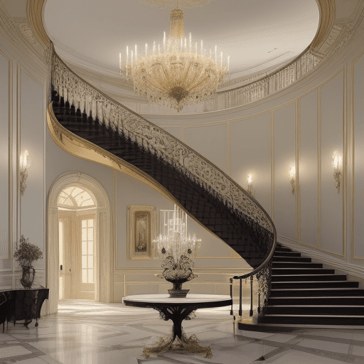AI generated: Create a mega mansion foyer. Add a double helix stair case. Illustrate the expansiveness of the mans...