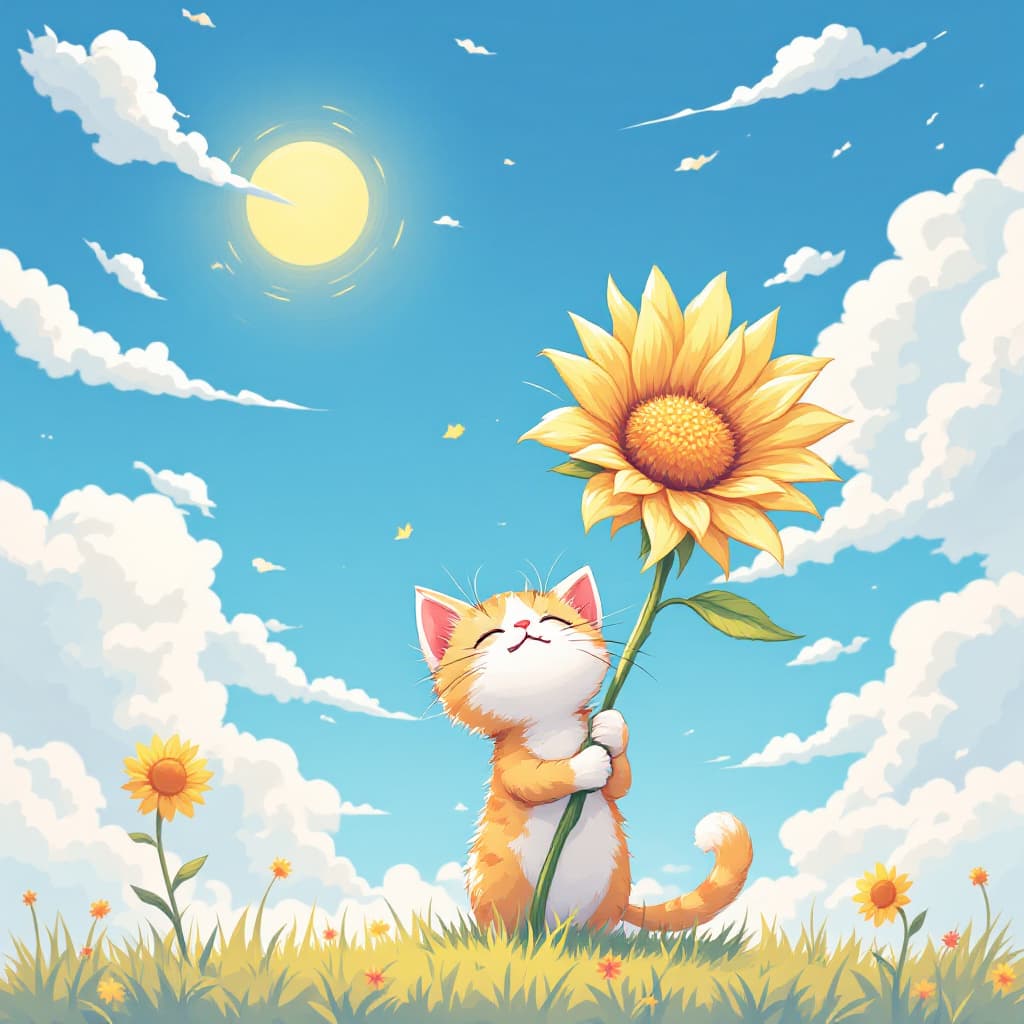 AI generated: A cat holding a giant flower. Sunny day but windy. Sky full of cotton like clouds. Vibrant colors, c...