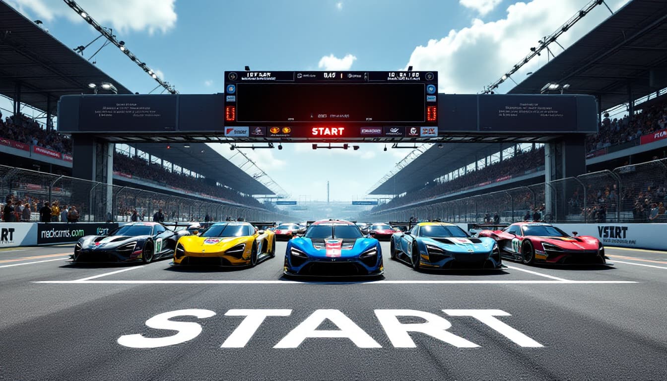 AI generated: On a wide racing track behind the START stripe (a white stripe across the track and the inscription ...