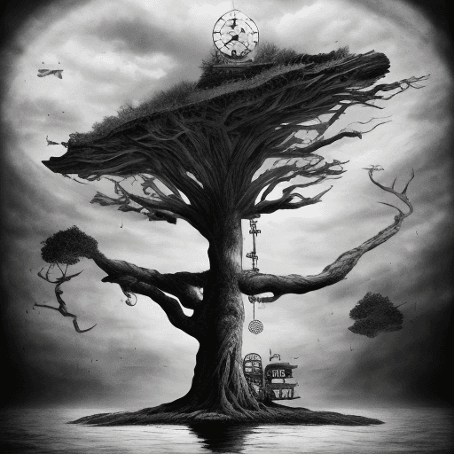 AI generated: A huge dead tree lies on the floating island,Black and white,print,Steampunk,mechanical,in the air