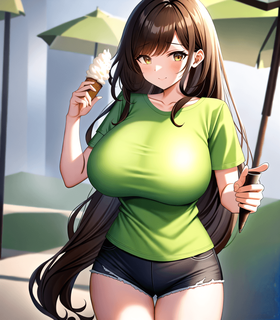AI generated: perfect anime illustration, 1girl, wavy hair, dreadlocks, brown hair, (light green t-shirt, shorts),...
