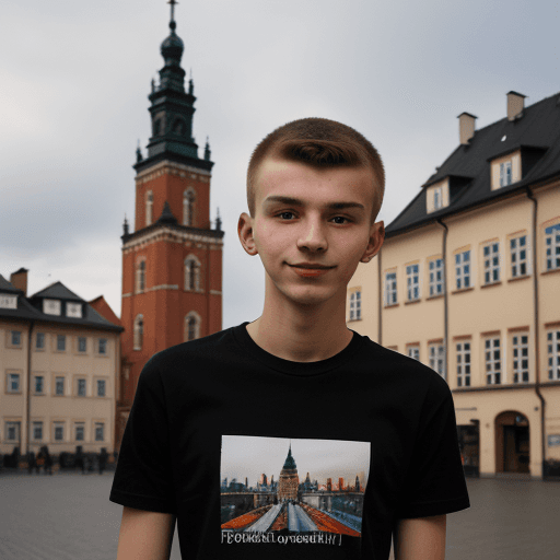 AI generated: 19 year old polish boy, starting with university, shy, very skinny, black t-shirt with colorful logo...