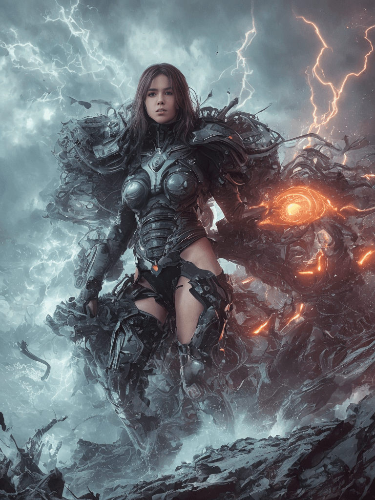 AI generated: chaos explosion, professional portrait, full body, biopunk female, beautiful face, cinematic lightin...