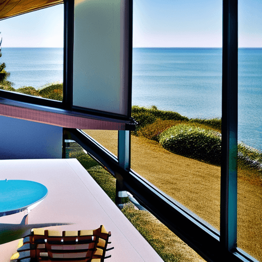 AI generated: Hyper realistic eye level exterior photo of a mid century modern style house overlooking the ocean, ...
