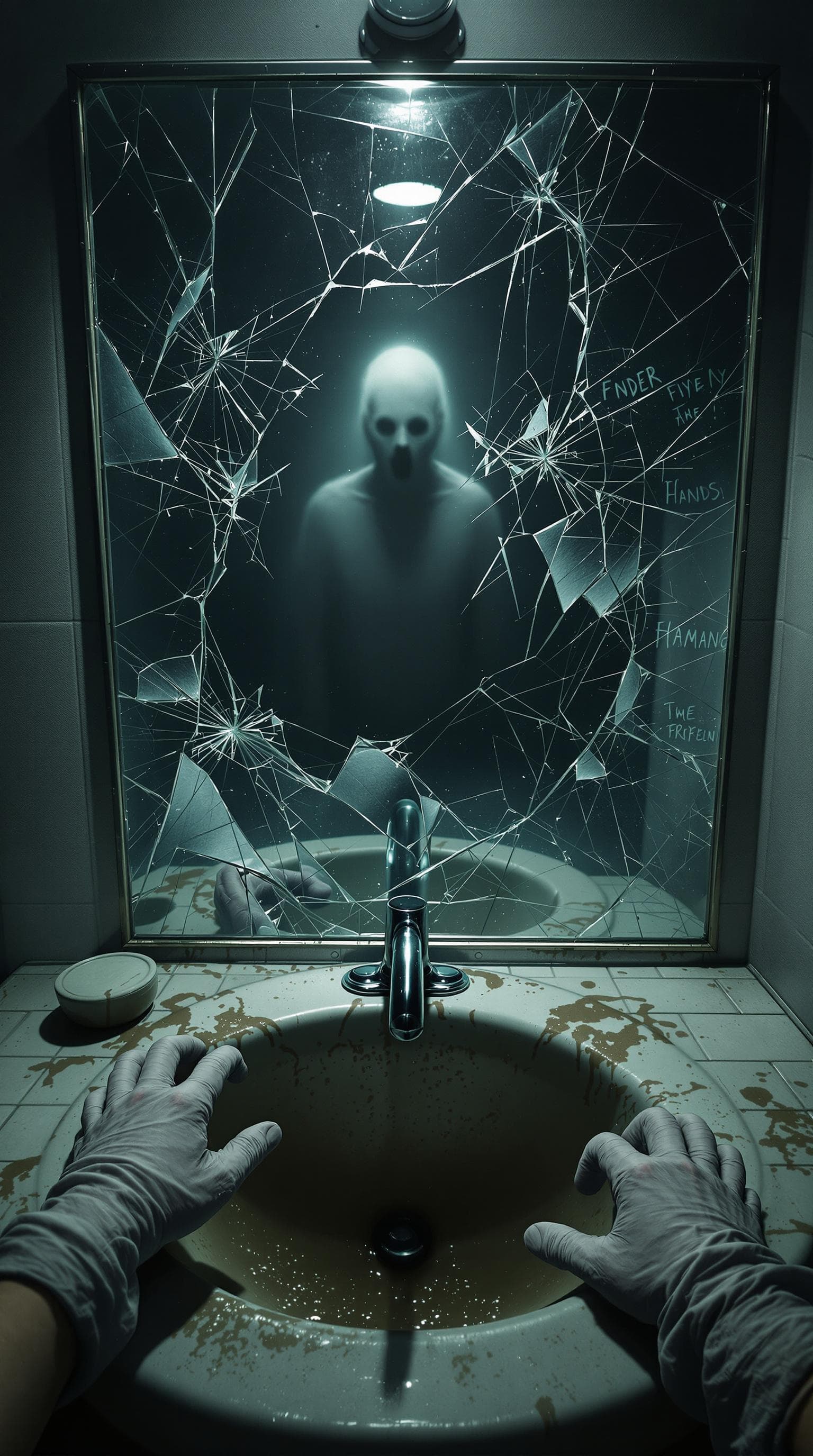 AI generated: "A hyper-realistic first-person perspective of a person standing in front of a shattered asylum bath...
