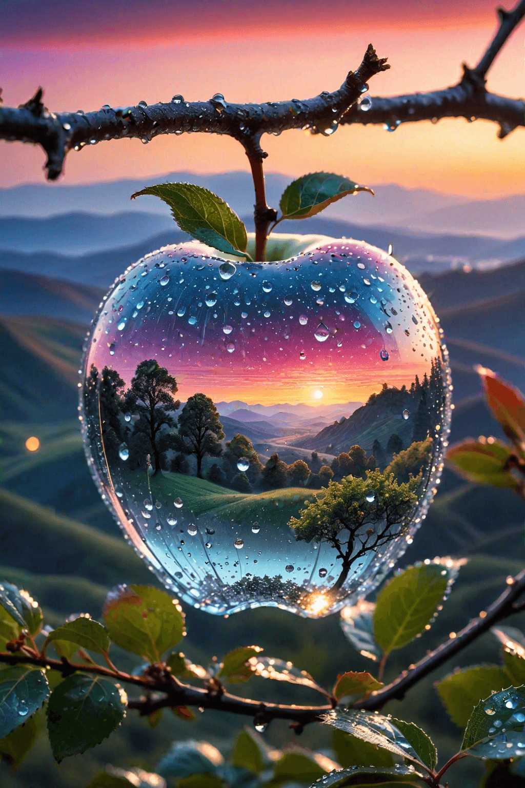 AI generated: ((a delicate big apple)), made of diamond hung on branch in a beautiful dawn, in the background beau...