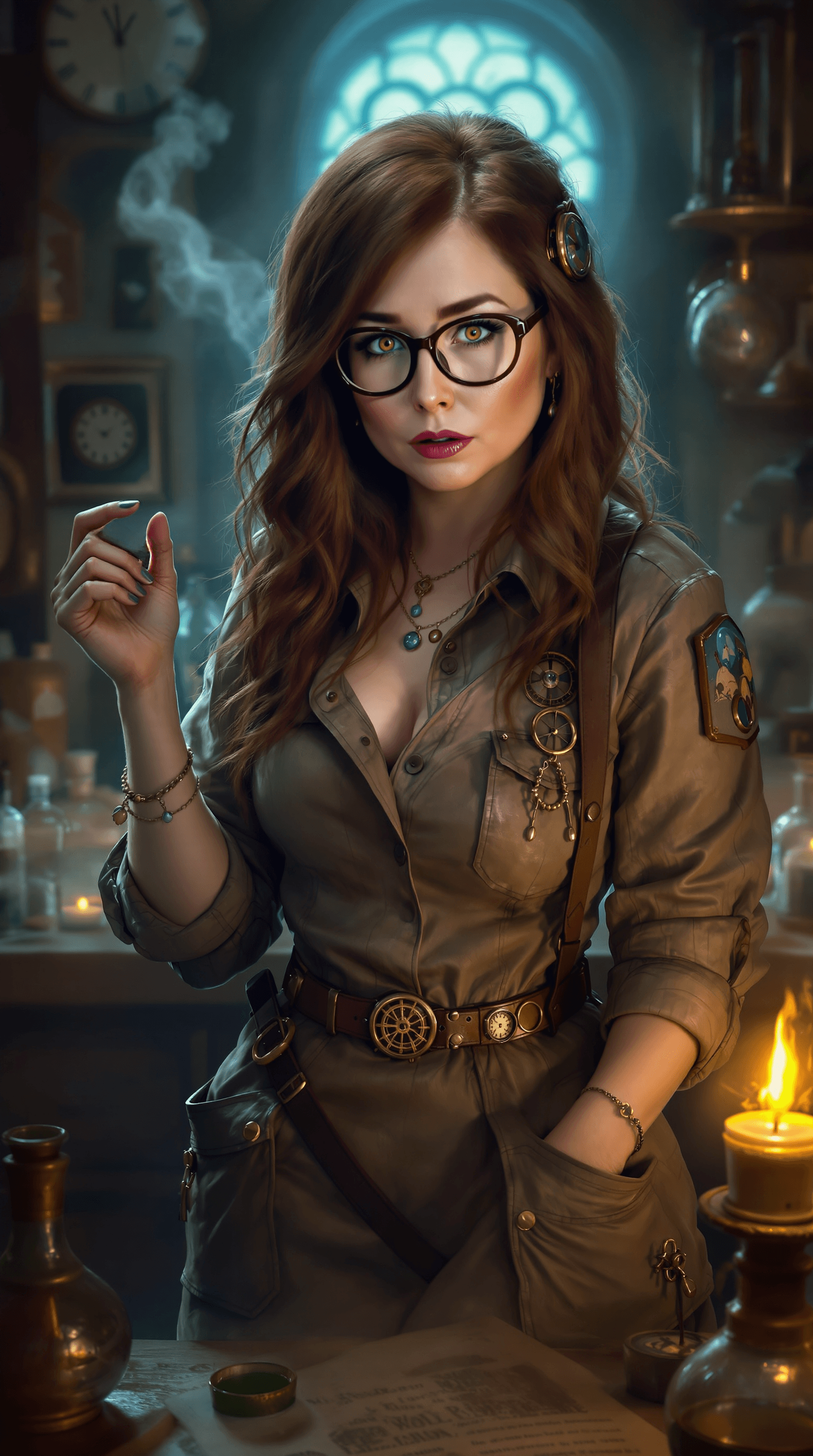 AI generated: A brilliant and resourceful scholar with long, dark auburn hair, often styled in a practical manner,...