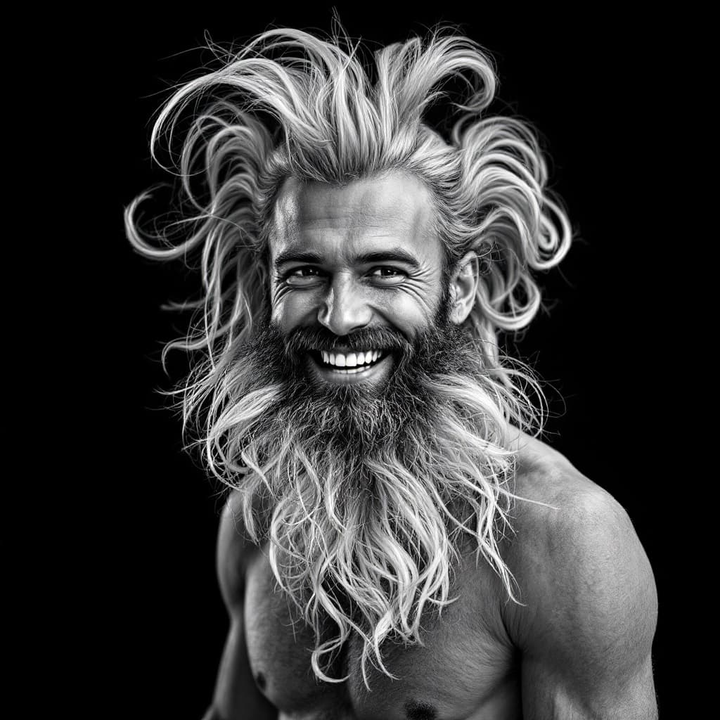 AI generated: portrait of a man smiling with beards and hairs pack to the back, resembling an american

