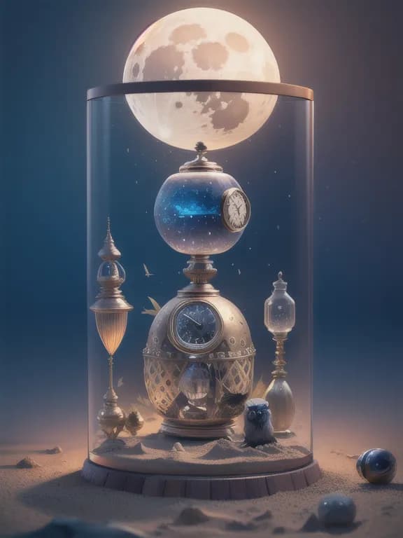 AI generated: steampunk aztec owl inside a glass jar buried in sand, hourglass, intricate detail, hyper detailed, ...