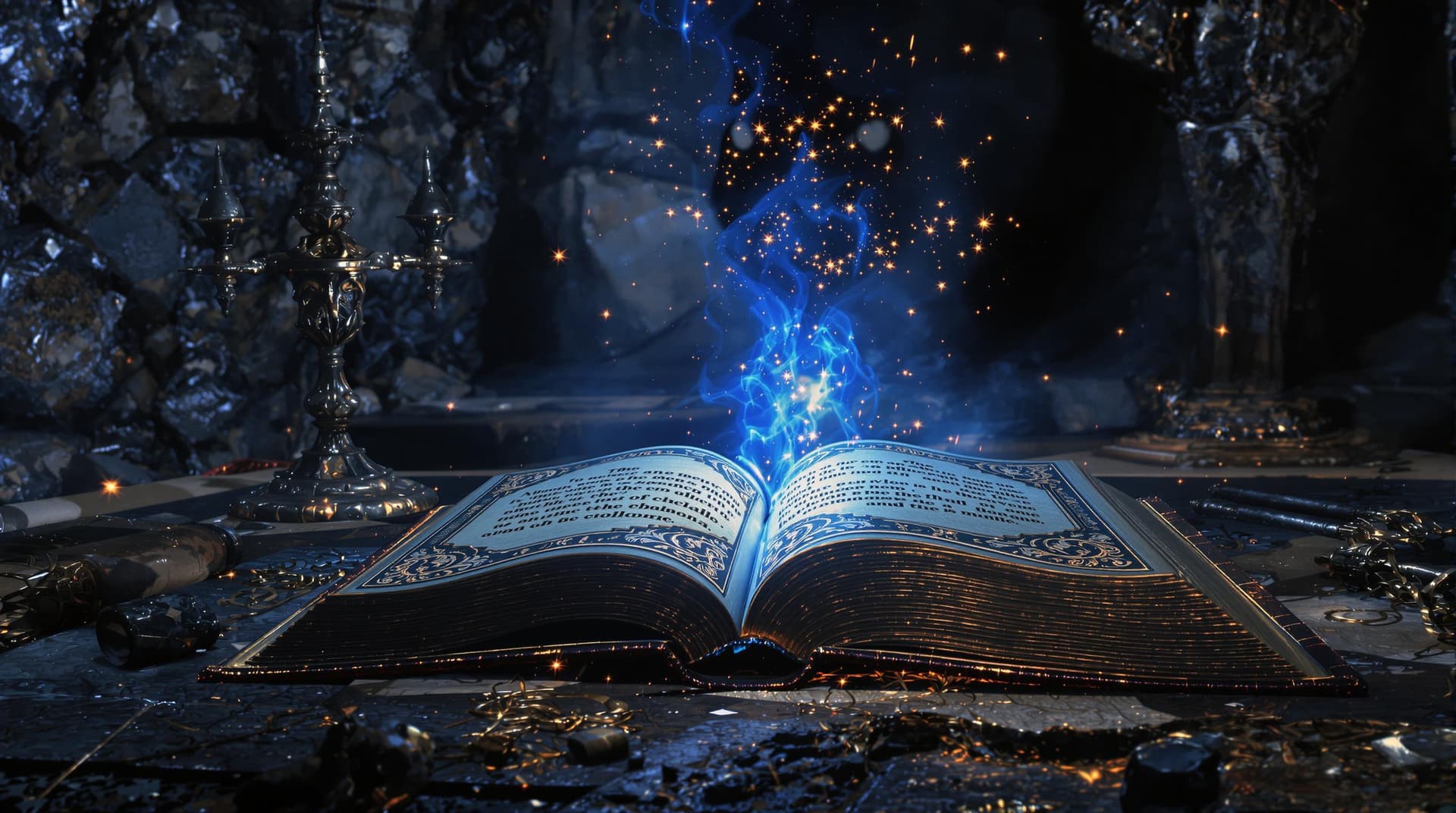 AI generated: magic spell book sitting on a table in the catacombs, sparks and blue mist are coming from the books...