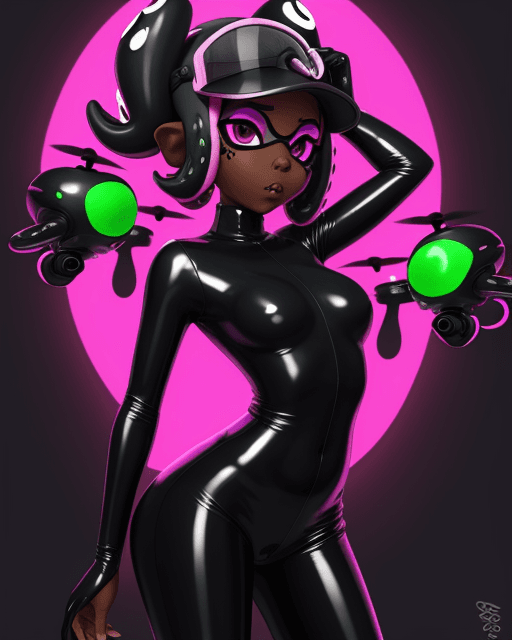 AI generated: splatoon, octoling, dark skin, latex suit, visor, drone, hypnotized, bimbo 