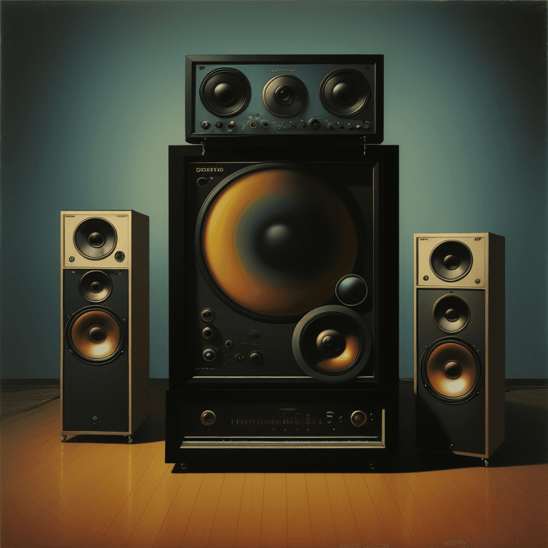 AI generated: music Album cover picture, surreal art, oil picture, speaker,  electronic, 1980