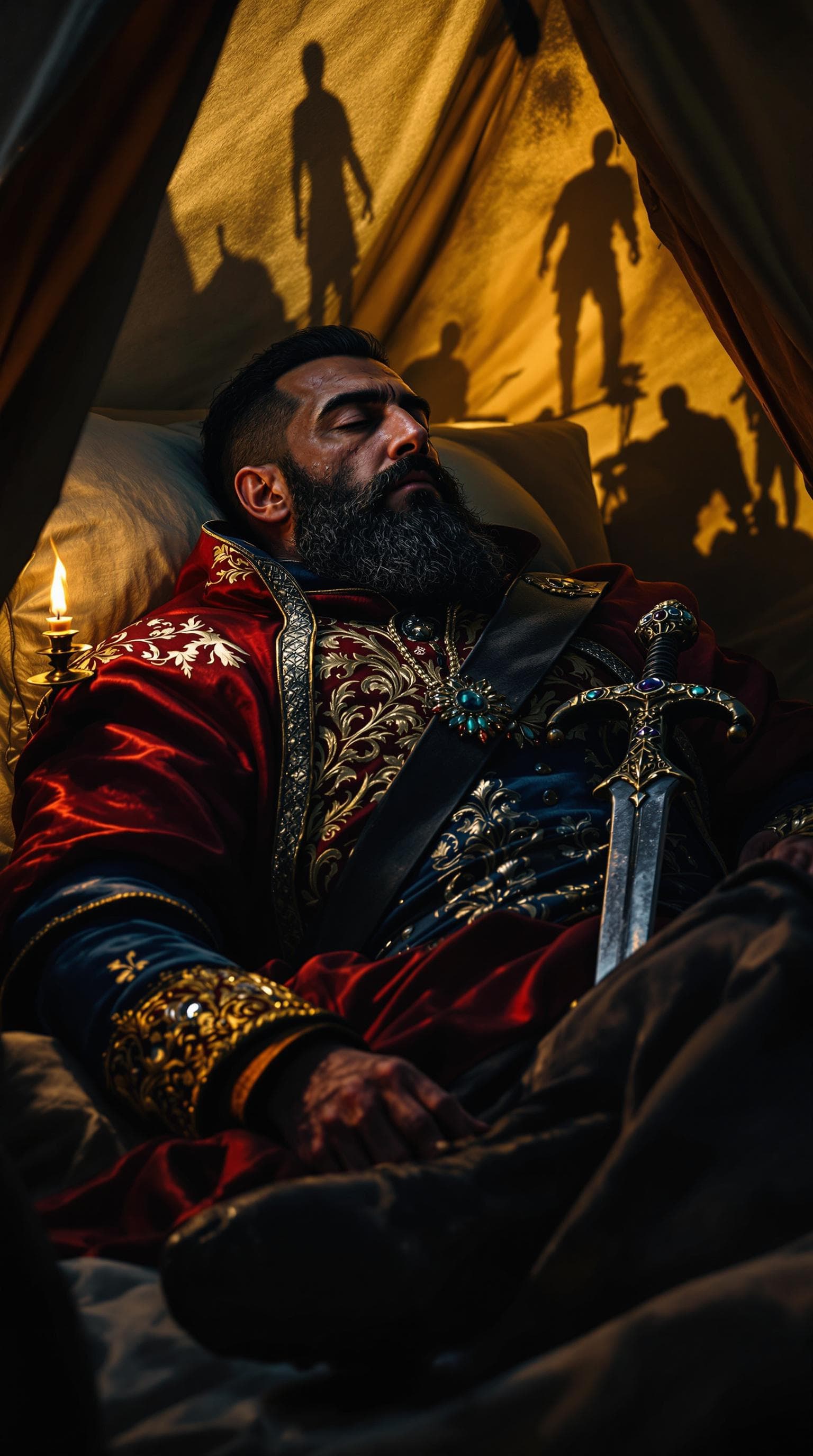 AI generated: Inside the tent, Nader Shah Afshar rests, his battle-worn face partially illuminated by the flickeri...