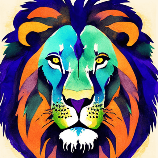 AI generated: lion painted in blue and green, in the style of whimsical watercolors, dark yellow and dark purple, ...