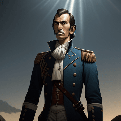 AI generated: Photo of the liberator Simon Bolivar, colonial suit and sword in hand, spectacular light, pale dawn,...
