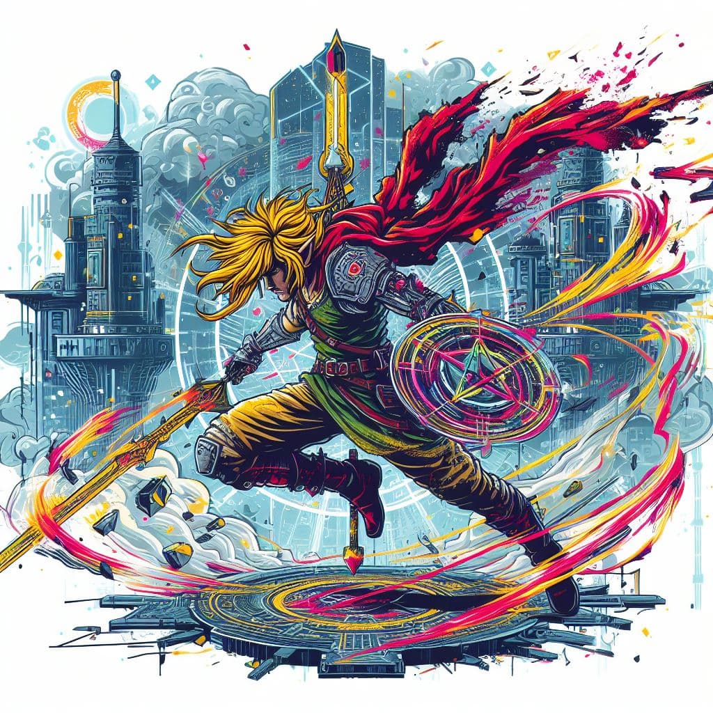 AI generated: A cyberpunk Link with yellow hair and aura, spinning his sword in a stormy castle battlefield. He we...