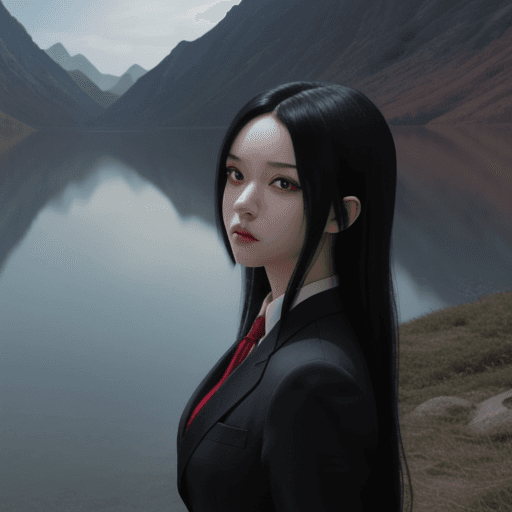 AI generated: demon slayer screencap of a female with black long hair and red eyes. Beautiful scenery behind her. ...