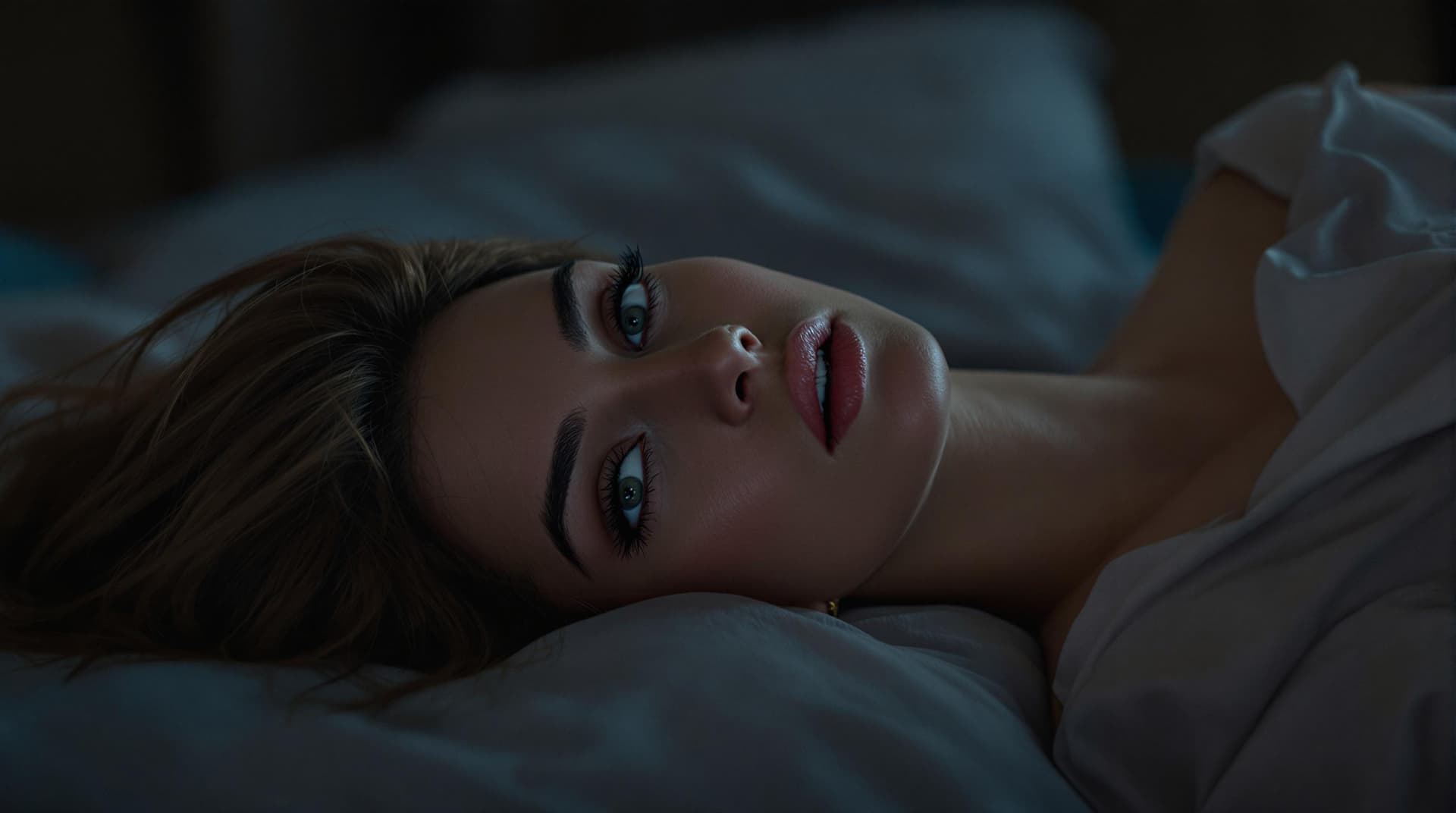 AI generated: Depressive sad woman, lying on bed hotel after party, (sharp focus, smooth, aesthetic, extremely det...