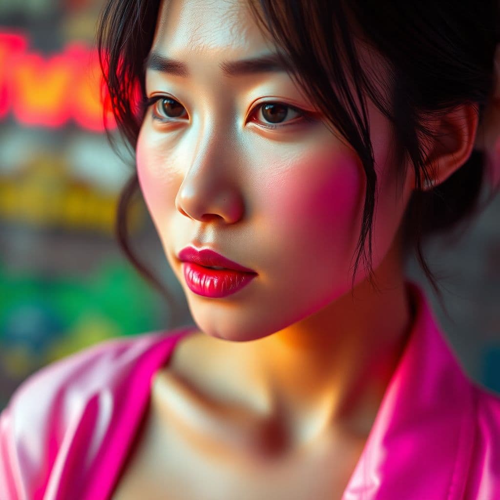 AI generated: an Asian woman, in the style of light amber and pink, blurred imagery, shiny/glossy, melting, drugco...