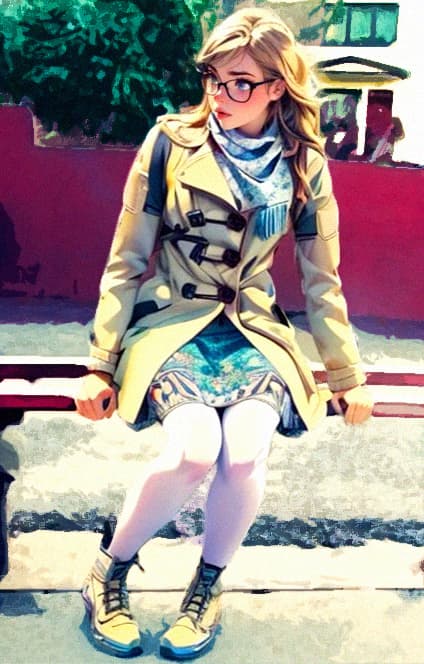 AI generated: A girl on a street sitting at a bus stop, wearing a light-colored trench coat, skirt, white stocking...
