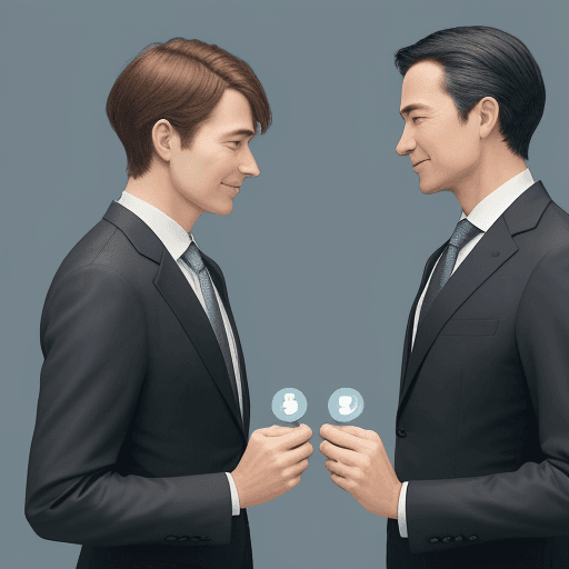 AI generated: Depict two business figures nodding at each other from some quite distance, indicating a casual acqu...