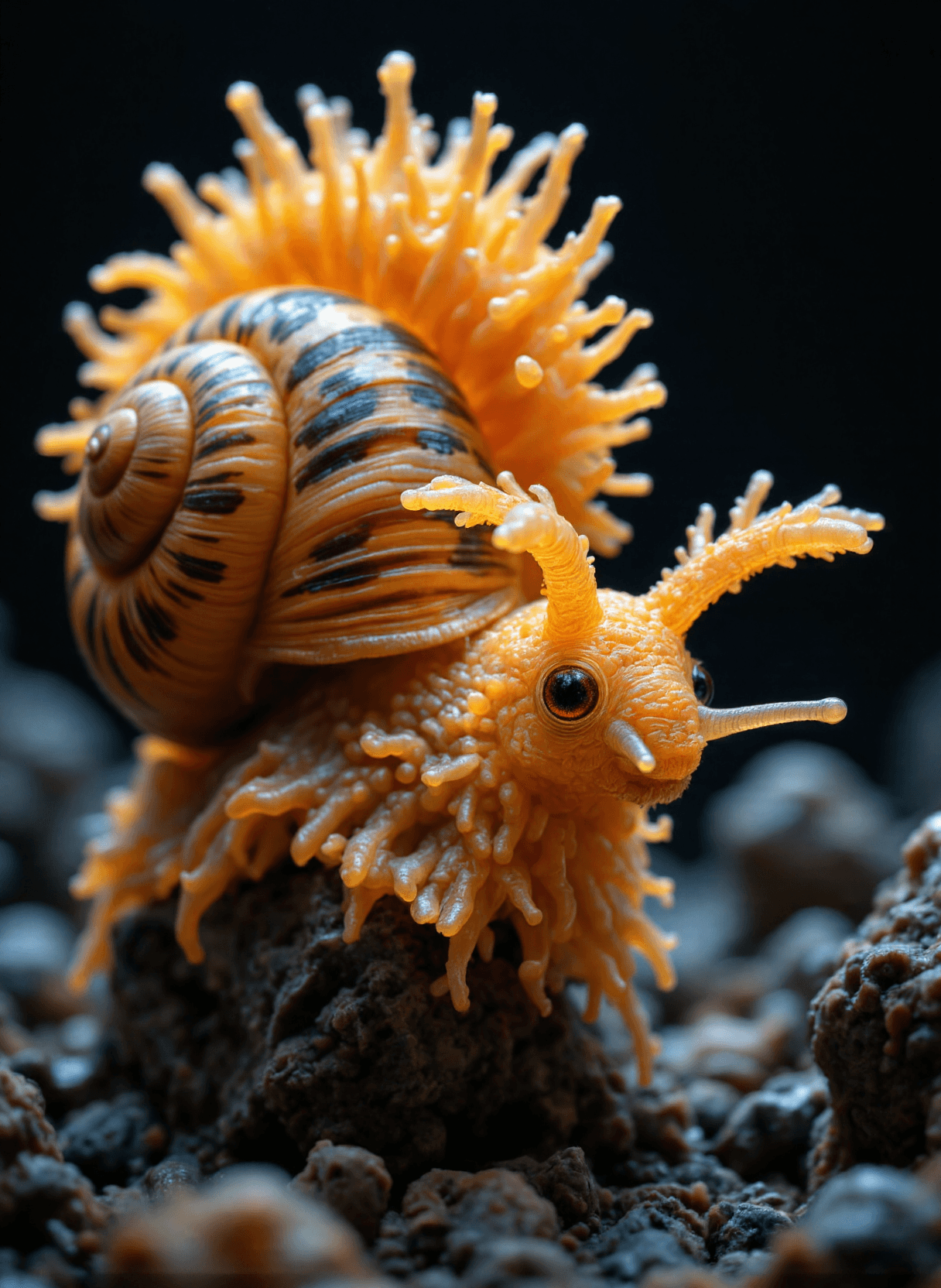 AI generated: This close up image depicts a highly detailed and artistic representation of a snail. The snail has ...