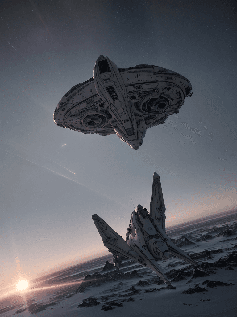 AI generated: Photo of a ultra realistic spaceship flying over Antartida, bright chromatic and dramatic light, pal...