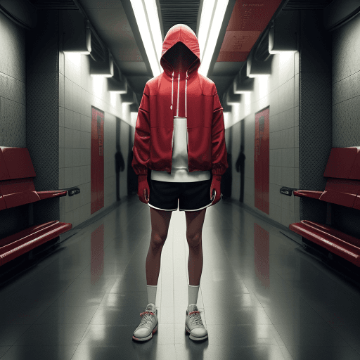 AI generated: Conceptual photography, Canon EOS-1D Mark III, f/5.6, crimson jacket and shorts with white Nike snea...