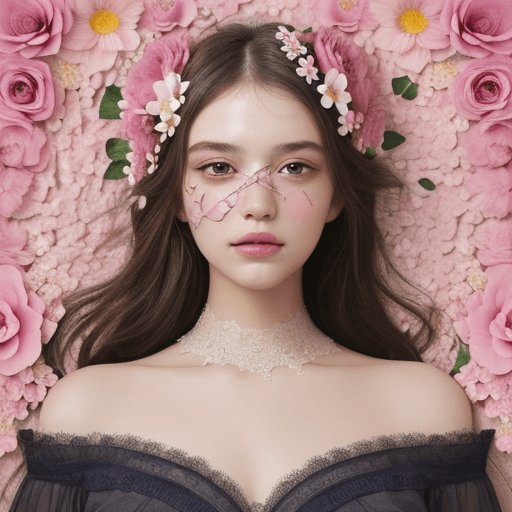 AI generated: Blend large flowers into intricate human faces, merging petals into soft features with elegance and ...