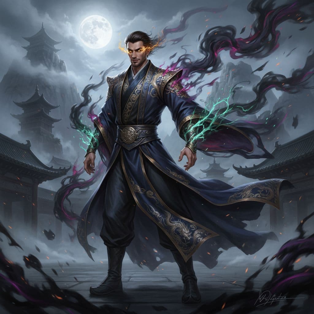 AI generated: A handsome, muscular man with a youthful, dark, and slightly corrupted aura, appearing as a fully ad...