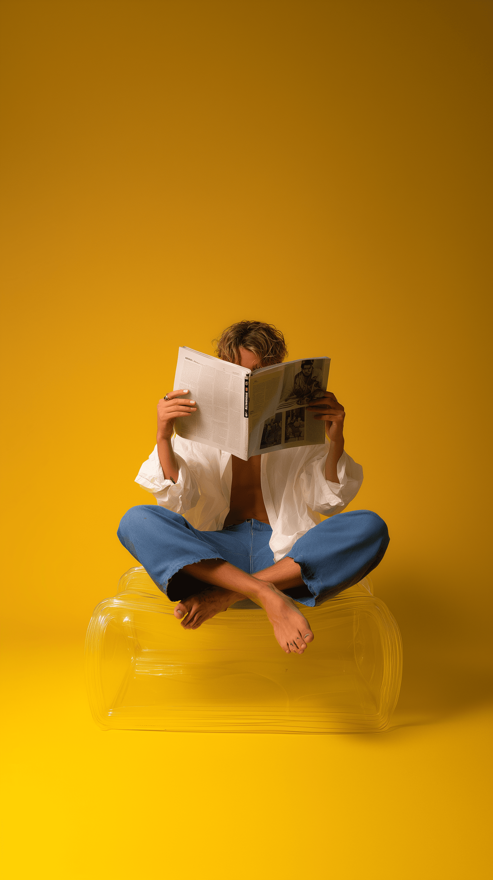 AI generated: editorial photography, front view, studio setup, shot on DSLR with 50mm lens, barefoot man model, we...