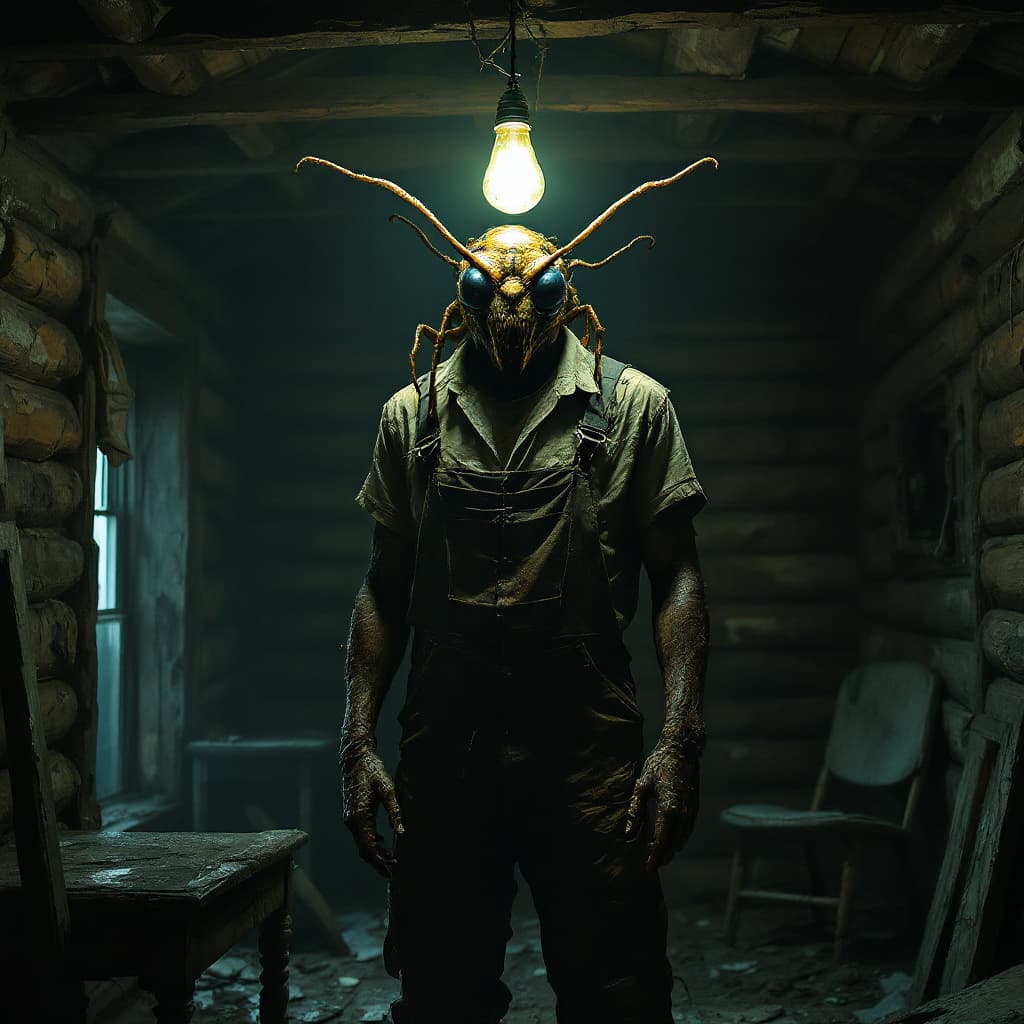 AI generated: A menacing scene inside a run-down log cabin, dimly lit by a single flickering light bulb hanging fr...