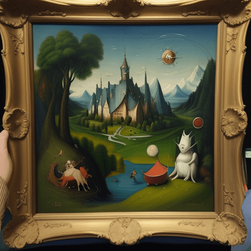 AI generated: A painting by Bob Ross where he is emulating the style of Hieronymus Bosch.